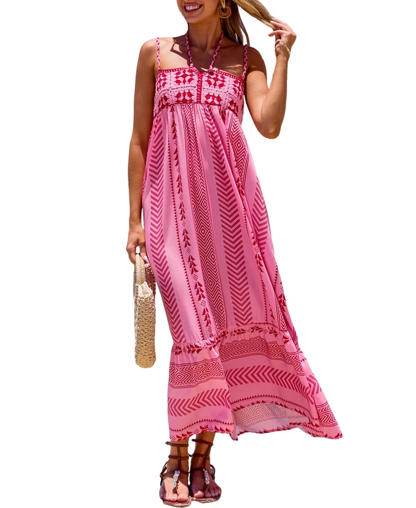 Cupshe Women's Pink Boho Square Neck Sleeveless Midi Beach Dress