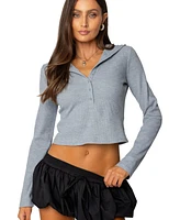 Edikted Women's Hooded Henley Waffle Top