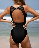 Cupshe Women's Tummy Control High Neck Cutout Back Hook Mesh One Piece Swimsuit