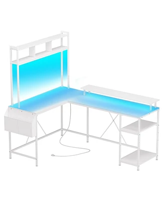 gaomon Reversible L Shaped Computer Desk with Hutch, 67" Gaming Desk with Led Lights & Power Outlets