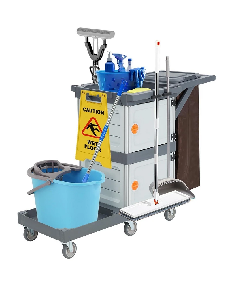 gaomon Commercial Janitorial Cart with Cabinet, 3-ply Multi-Purpose Engineered Plastic Housekeeping Car