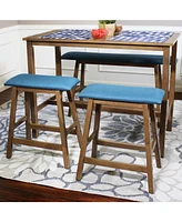 Rubberwood Backless Counter-Height Stools - Weathered Oak Finish with Blue Cushions - Set of 2