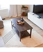 Dark Wood Coffee Table with Storage Shelf - Indoor Solid Pine Wood Center Table for Living Room - Dark Brown - 43.5" W