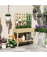 Outsunny Wooden Raised Planter with Trellis, Garden Box with Storage Shelf