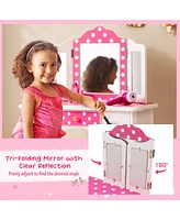 Gouun Kids Vanity Table and Stool Set with Cute Polka Dot Print
