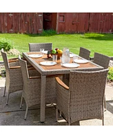 Sunnydaze Decor Foxford 7-Piece Rattan and Acacia Outdoor Dining Set - 1 Table and 6 Chairs with 6 Thick Seat Cushions