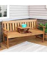 Sunnydaze Decor Meranti Wood Outdoor Patio Bench with Built-In Pop-Up Table - Teak Oil Finish - 60-Inch