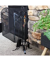 Sunnydaze Decor 4-Piece Fireplace Tool Set with Stand - Heavy-Duty Black Steel Poker, Shovel, Log Grabber and Broom