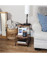 21-Inch H 3-Tier Steel Side Table with Shelves with Faux Woodgrain Tabletops - For Living Room or Office - Brown