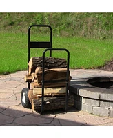 Sunnydaze Decor Outdoor Firewood Log Cart with Pneumatic Tires - Black Steel Rolling Wood Carrier