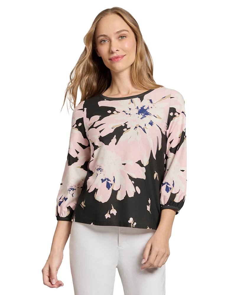 Jones New York Petite Floral-Print 3/4-Sleeve Top