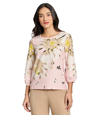 Jones New York Petite Floral-Print 3/4-Sleeve Top