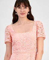 Anne Klein Petite Lace Square-Neck Puff-Sleeve Smocked-Back Dress