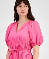 Anne Klein Petite Tiered Puff-Sleeve Split-Neck Midi Dress