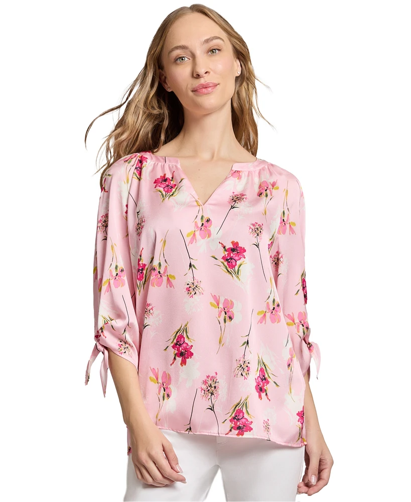 Jones New York Petite Floral-Print Tie-Cuff Top