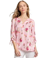 Jones New York Petite Floral-Print Tie-Cuff Top