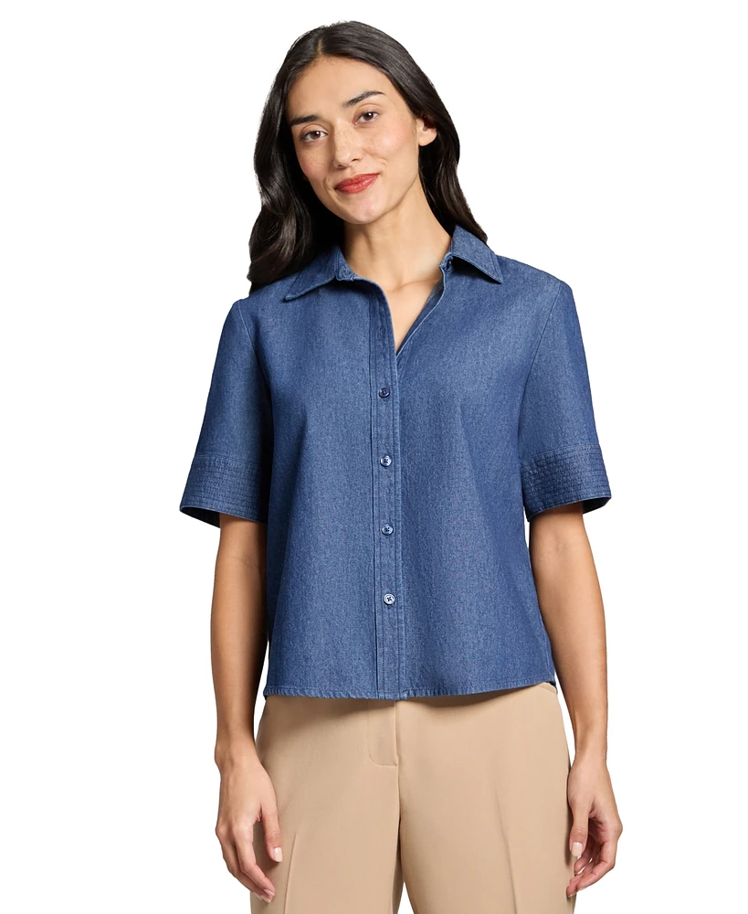 Jones New York Petite Cotton Short-Sleeve Chambray Shirt