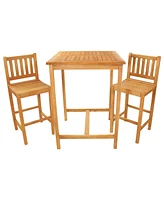 3-Piece Teak Wood Bar-Height Patio Table Set - Outdoor Bar Table and Chairs - For Balcony, Home Bar, or Deck