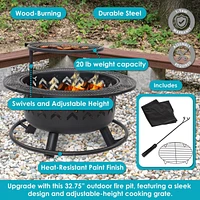 Arrow Motif 32.75-Inch Round Wood-Burning Fire Pit for Outside - Includes Cooking Grate and Cover - Black