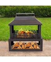 Sunnydaze Decor Backyard Blaze 35-Inch H Heavy-Duty Steel Outdoor Fireplace with Built-In Log Storage - Includes Protective Cover - Brushed Bronze