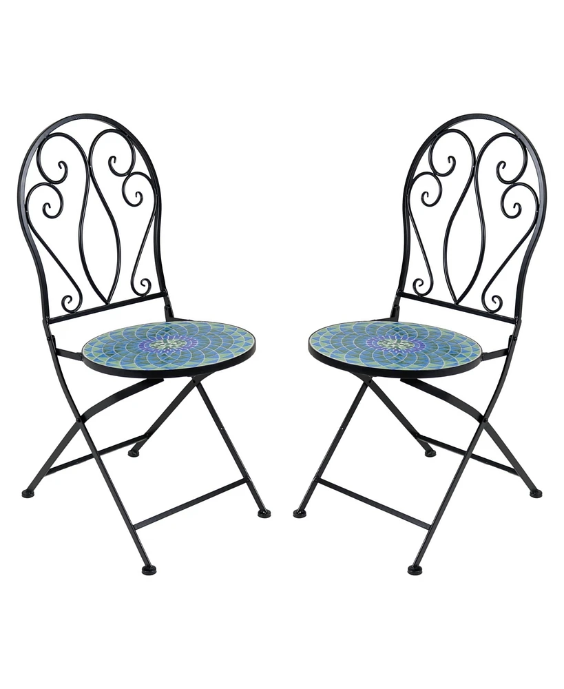 Sunnydaze Decor Mosaic Tile Folding Bistro Chairs with Iron Frame - Set of 2 - Compact Folding Design - Black Frame with Scroll Back