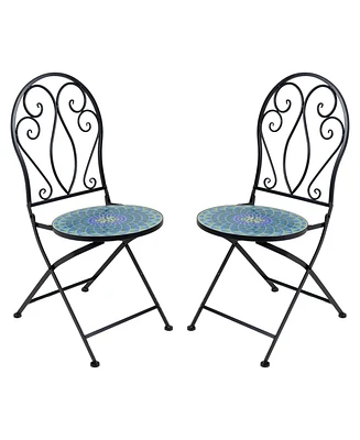 Mosaic Tile Folding Bistro Chairs with Iron Frame - Set of 2 - Compact Folding Design - Black Frame with Scroll Back