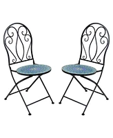 Sunnydaze Decor Mosaic Tile Folding Bistro Chairs with Iron Frame - Set of 2 - Compact Folding Design - Black Frame with Scroll Back