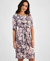 Connected Petite Printed Short-Sleeve Faux-Wrap Sheath Dress