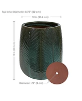 10" Chevron Pattern Ceramic Plant Pot - Features 1 Drainage Hole - 3.2 Gal Soil Capacity - Dark Olive