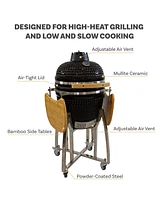Sunnydaze Decor 18" Kamado Charcoal Grill with Smoker Combo - Outdoor Ceramic Bbq Side Tables and Wheels Red