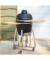 Sunnydaze Decor 18" Kamado Charcoal Grill with Smoker Combo - Outdoor Ceramic Bbq Side Tables and Wheels Red