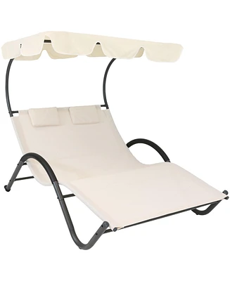 Sunnydaze Decor Outdoor Double Chaise Lounge with Canopy Shade and Headrest Pillows - Beige Fabric with Black Powder-Coated Frame