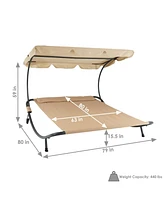 Outdoor Double Chaise Lounge Bed with Canopy and Headrest Pillow - Beige Fabric with Black Powder-Coated Steel Frame