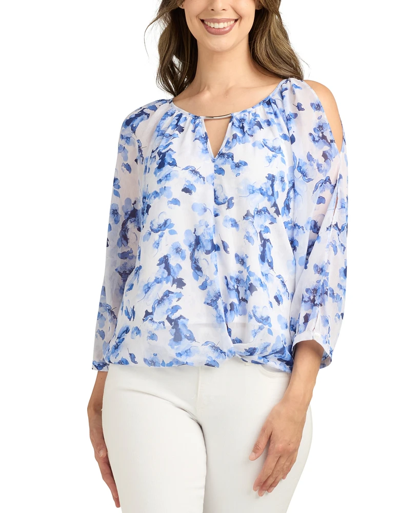 Bcx Juniors' Printed Cold Shoulder 3/4-Sleeve Top