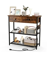 Gouun Narrow Console Table with 2 Drawers and 2 Metal Mesh Shelves