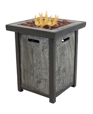 25-Inch H Square Cast Stone Propane Gas Fire Pit Table with Weathered Wood Look - Includes Weather-Resistant Cover