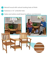 65-Inch Meranti Wood Outdoor Tete-a-Tete Chair Set with Attached Table and Teak Oil Finish