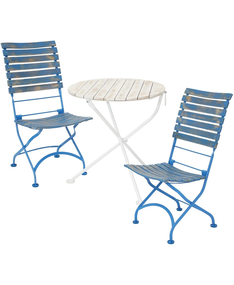 Cafe Couleur Shabby Chic 3-Piece Chestnut Wooden Folding Dining Set - Indoor or Outdoor Use - Blue