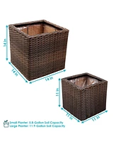 Sunnydaze Decor Polyrattan Square Indoor Planters Set - Includes 14-Inch and 11-Inch Modern Decorative Planter