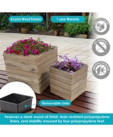 Indoor/Outdoor Wooden Planter Boxes - 2 Acacia Wood Square Plant Pots with Removable Liners Light Brown Stain