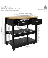 33.5-Inch W Mdf Rolling Kitchen Island Cart with Drawers and Shelves - Black