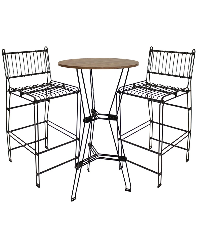 Sunnydaze Decor 3-Piece Steel Wire Bar Table and Chairs Set with Faux Woodgrain Tabletop - Black