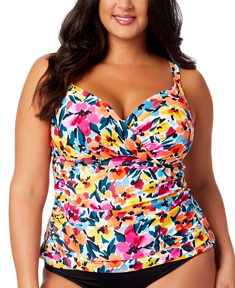 Anne Cole Plus Floral-Print Surplice Underwire Tankini Top