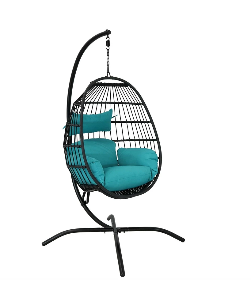 Sunnydaze Decor Dalia Resin Wicker Hanging Egg Chair with - Teal Polyester Cushions and Powder-Coated Steel Stand - 81 Inches H