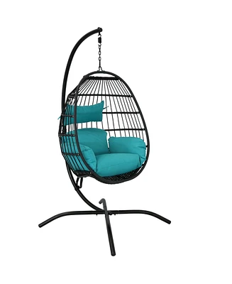 Sunnydaze Decor Dalia Resin Wicker Hanging Egg Chair with - Teal Polyester Cushions and Powder-Coated Steel Stand - 81 Inches H