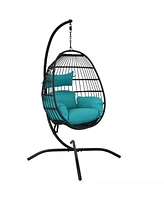 Sunnydaze Decor Dalia Resin Wicker Hanging Egg Chair with - Teal Polyester Cushions and Powder-Coated Steel Stand - 81 Inches H