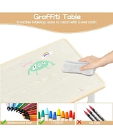 gaomon Kids Table and 4 Chairs Set, Height Adjustable Toddler Table and Chair Set, Graffiti Desktop, Children Multi-Activity Table for 4, Kids Study T