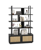 gaomon 5 Tier Rattan Bookshelf with Storage Cabinet & Door