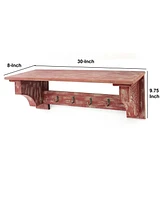 Slickblue Wall Shelf with 4 Hooks and Carved Side Frames for Functional and Decorative Storage