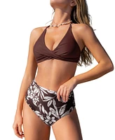 Cupshe Women's Brown Halter Wrapped Bikini Top & Floral High-Rise Bottoms Set